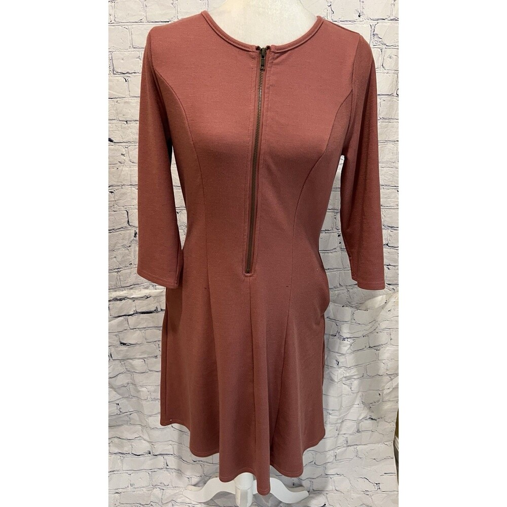 Roolee Stretch Rib Knit Long Sleeve Zip Front Dress w/Pockets!, Small